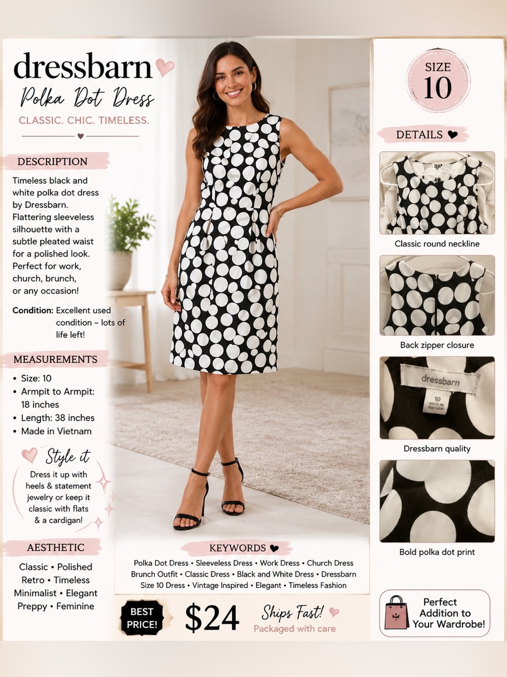 Dress Barn Black & White Polka Dot Midi Dress